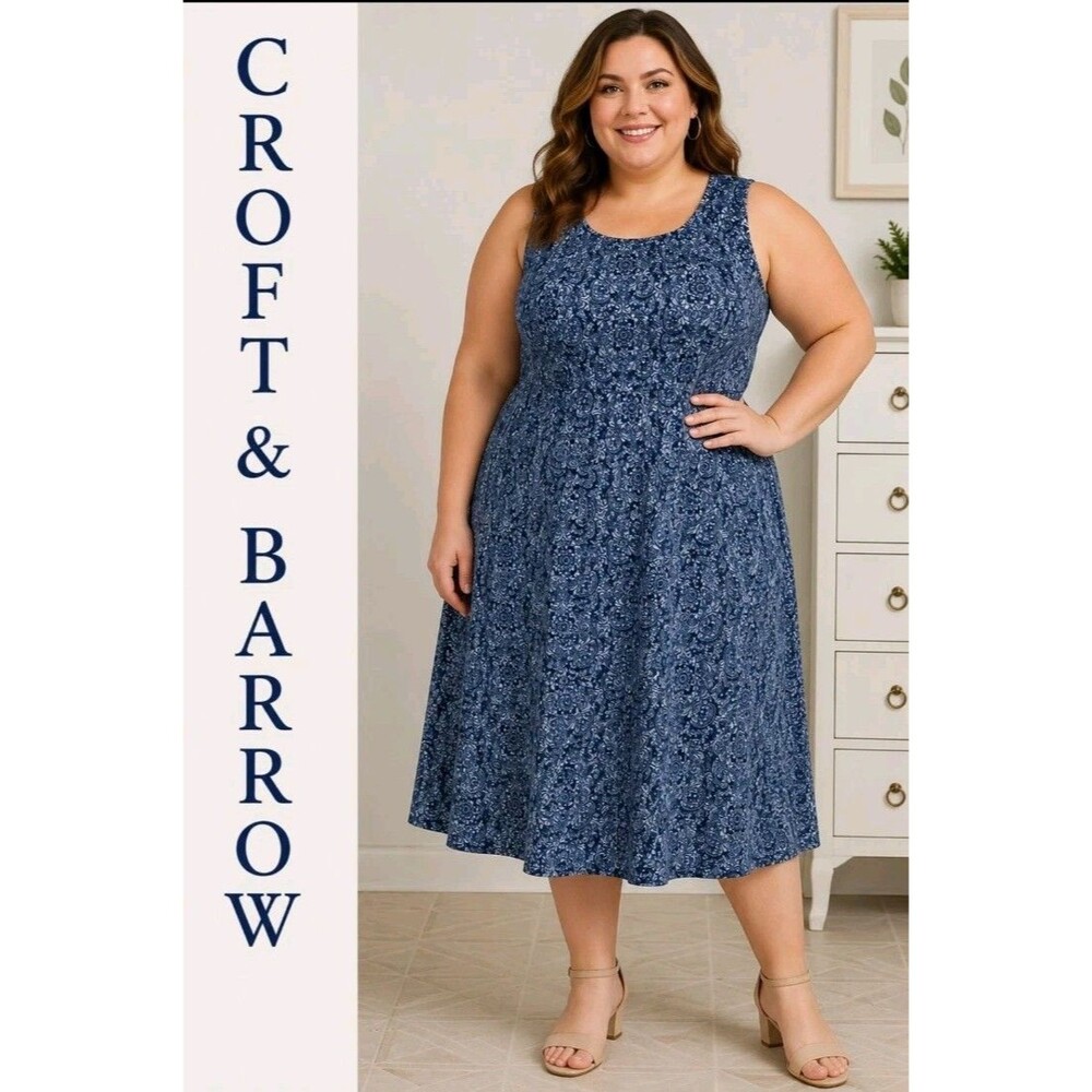 NWOT Croft Barrow Womens XXL Floral Boho Peasant Smocking Sleeveless Blue Dress